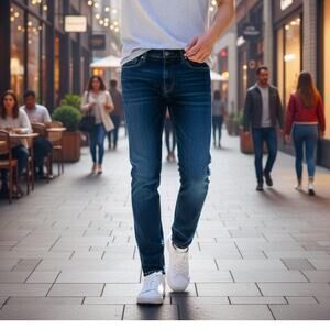 Akademiks Jeanius Men's Slim Straight Jeans Size 32x30 Dark Wash Blue Denim Y2K